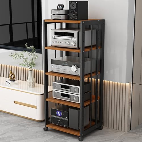 SXYKXYDL Meuble Audio HiFi à 2, 3, 4 ou 5 Niveaux avec roulettes de Frein, Platine Vinyle Mobile et Console de Jeux (Noir et Teck, 5 Niveaux)