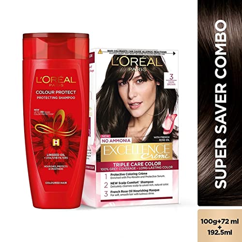 Image of L'Oreal Paris Excellence Hair Color, Shade 4 Dark Brown, (100g+72 ml) with Color Protect Shampoo, 192.5ml Free