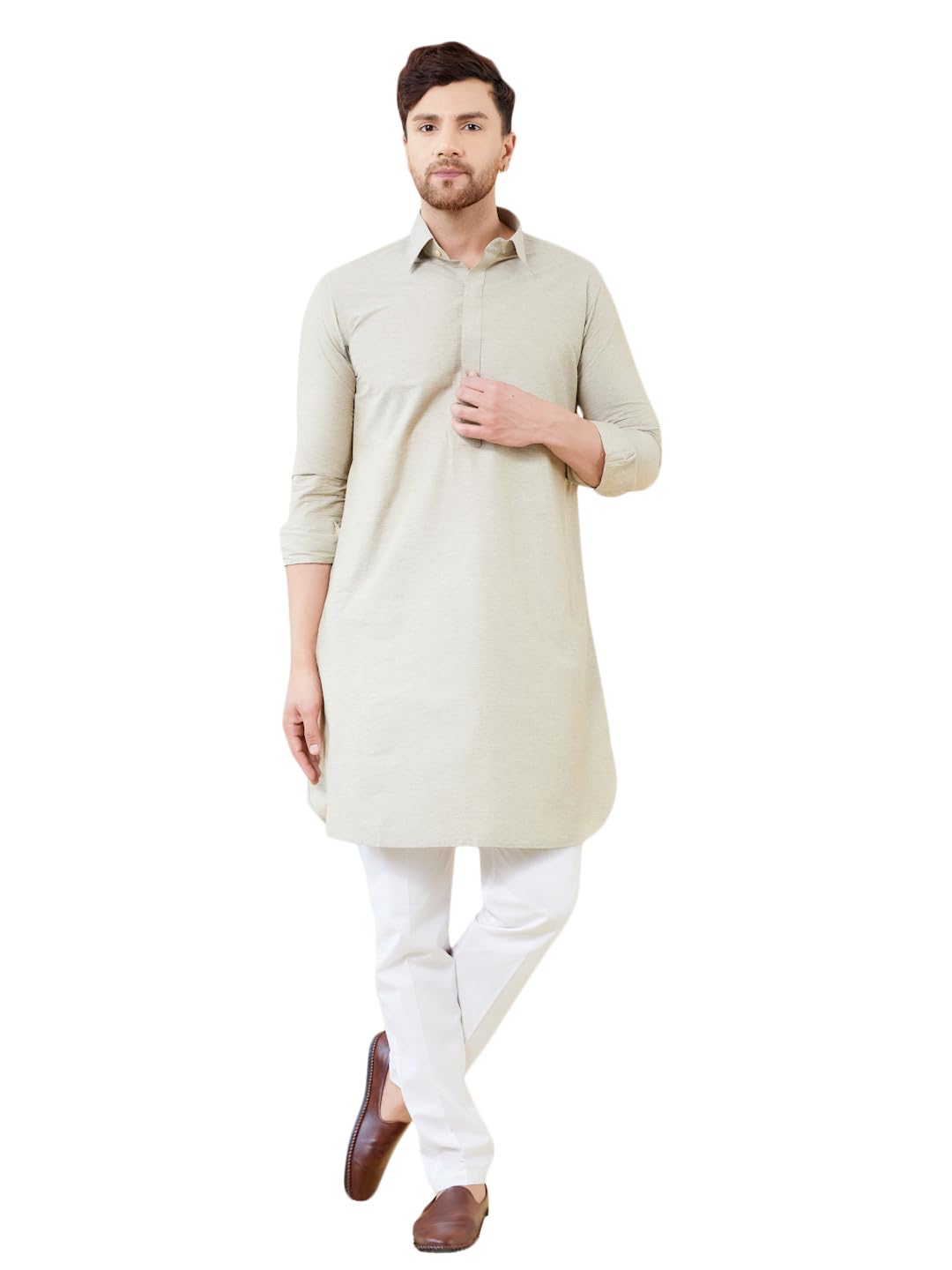 See Designs Men Cream Cotton Solid Curved Hemline Full Sleeve Side Slit Pathani Kurta - Bnrskt630Xl