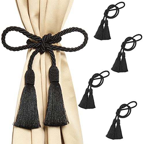Image of 4 Pack Curtain Tiebacks Handmade Decorative Curtain Holdbacks Rope with Tassel - Black