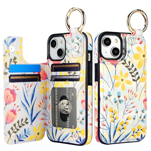 Image of HAOPINSH for iPhone 13 iPhone 14 Wallet Case with Card Holder, Floral Flower Print Back Flip Folio PU Leather Kickstand Card Slots Case, Finger Grip Ring Double Magnetic Clasp Shockproof 6.1 inch
