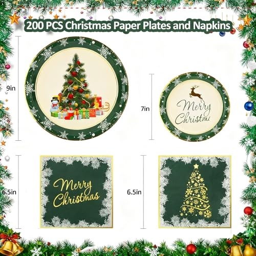 Christmas Paper Plates and Napkins for 50 Guests, 9’’ Disposable Plates, 7’’ Dessert Plates with Gold Xmas Tree Snowflakes, 200Pcs Christmas Party Supplies Tableware Set Winter Party Decorations – Image 4