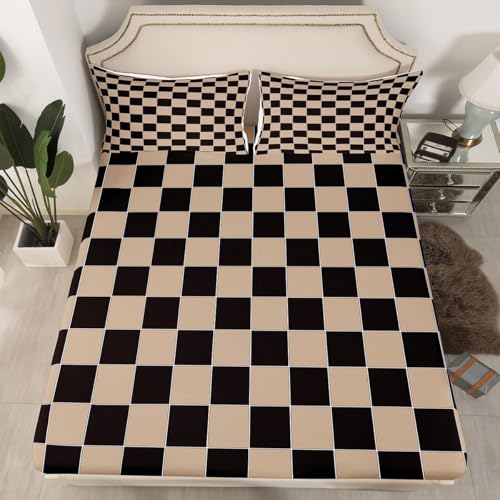 Image of Erosebridal Geometric Plaid Bed Sheets Queen Beige Black Brown Checkerboard Bedding Checkered Grid Sheet Set for Kids Boys Men,Modern Aesthetic 1 Fitted Sheet 1 Flat Sheet 2 Pillow Cases