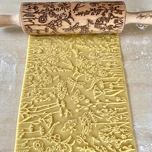 WIESE Geprägte Nudelholz mit Muster für hausgemachtes Kekse. Teigroller Muster für Gebäck und Keramik. Teigroller von Algis Crafts
