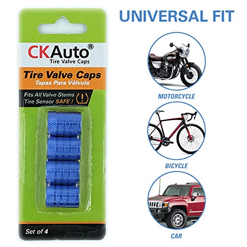 Image of CKAuto Tire Valve Stem Caps, Blue, 4 pcs /Pack, Anodized Aluminum Tire Valve Cap Set, Corrosion Resistant, Universal Stem Covers for Cars Trucks Motorcycles SUVs and Bikes