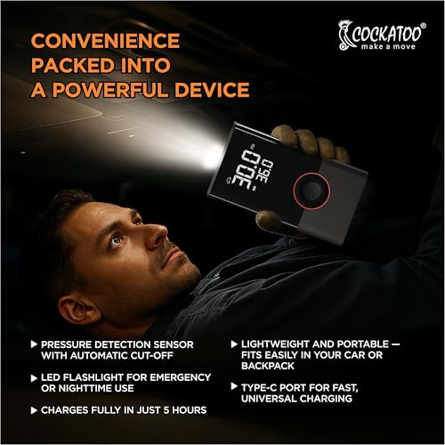 Image of Cockatoo ATJ-005 Tyre inflator Portable Air Compressor Pump with LED Display, 80W Power, 2x2000mAh Battery, Fast Inflation, Tire Pressure Monitoring, Lighting, SOS, and USB Charging