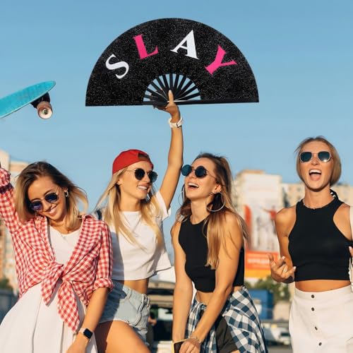 Image of FairySandy Large Rave Fan UV Glow Clack Summer Hand Fan with Thigh Holster for Women Carnival Party Supplies for Carnival Edm Music Festival Club Accessories(Slay,Black)