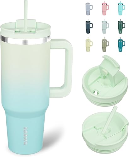 BJPKPK Vaso aislado de 40 onzas con tapa y popote de acero inoxidable con asa, para mujeres y hombres, color menta