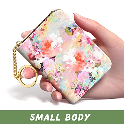 Image of Aiawoxc Credit Card Holder for Women, Small RFID Wallet Slim Leather Card Organizer Case with Zipper Keychain, Watercolor Flower