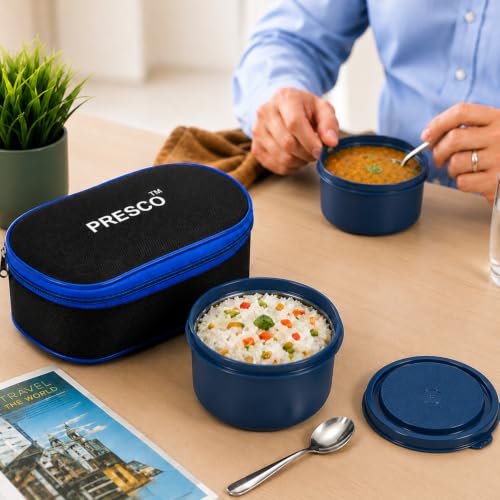 Image of PRESCO Insulated Lunch Box Set (2 Microwave Safe Inner Steel Containers, 450ml*2; with Steel Spoon) with Insulated Fabric Bag, Lunch Box for Office Use, Leak Proof, Tiffin Box for Men (Blue)
