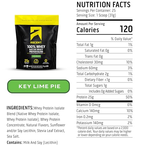 Image of Ascent 100% Whey Protein Powder - Post Workout Whey Protein Isolate, Zero Artificial Flavors & Sweeteners, Gluten Free, 5.5g BCAA, 2.6g Leucine, Essential Amino Acids, Key Lime Pie, 1.7 lb