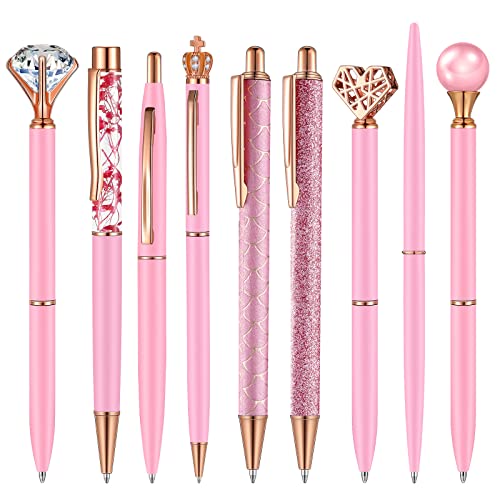 Janmini 9 Pcs Ballpoint Pens Set Metal Crystal Diamond Glitter Pens for Journaling Black Ink Pretty Cute Things Fancy Stationery Gifts for Women Girls Birthday Home Office Desk(Pink)