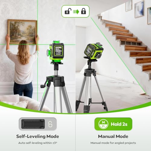 Image of Alloyman Laser Level with Tripod, 4 x 360 Self Leveling Laser Level, Nivel Laser Green Line Lazer Leveler Tool for Picture Hanging, Home Renovation, Indoor Project, 2*Battery&Carrying Bag Included