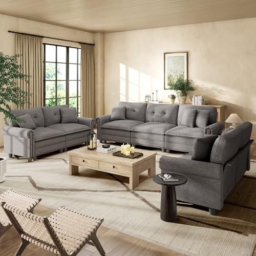 Image of HERA'S HOUSE Modular Sectional Sofa and Loveseat Set Living Room 3-Piece | Mid-Century Modern 7-Seater Cloud Sofa Set, Dark Grey, Rolled Arms & Nailhead Trim, Wider Seats, Soft Linen Furniture Set