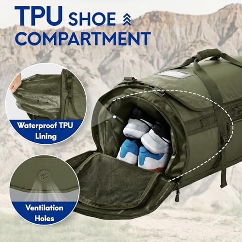 Image of Haimont Heavy Duty Convertible Travel Duffel Backpack, Army Green, 60L