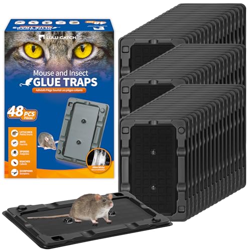LULUCATCH Mouse & Insect Glue Traps 48 Pack Adhesive Glue Traps Pre-Baited Heavy Duty Non-Toxic Bulk Mouse Traps Indoor for Small Mice Insects Rodent Bug Easy to Use Pet Safe