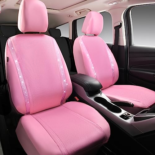 Image of CAR PASS Bling Diamond Car Seat Covers, Shining Rhinestone Waterproof Faux Leather Pink Car Accessories Two Front Only Universal Fit Auto Glitter Crystal Sparkle Strips for Cute Women Girl, Pink