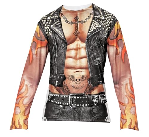 W WIDMANN MILANO Party Fashion - Kostüm Biker / Rocker, Fotosublimation bedrucktes T-Shirt, Gang Mitglied, Karneval