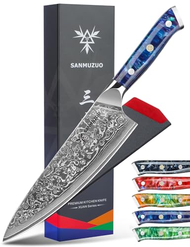 Sanmuzuo Cuchillo De Cocinero Profesional, 20cm - Serie Xuan - Cuchillo De Cocina De Acero De Damasco Con Mango De Resina Azul Zafir Sanmuzuo Cuchillo De Cocinero Profesional, 20cm - Serie Xuan - Cuchillo De Cocina De Acero De Damasco Con Mango De Resina Azul Zafir