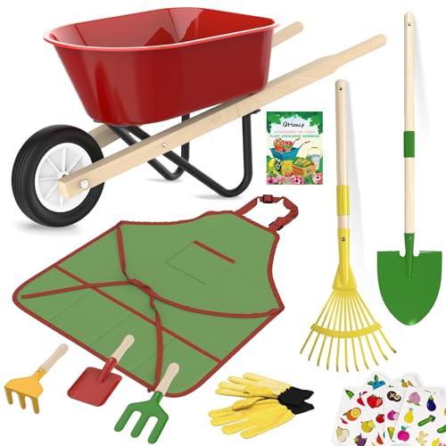 Qtioucp Kids Gardening Wheelbarrow Set, Metal & Wooden Garden Tools for Kids Ages 3-8, Real Wheelbarrows with Apron, Gloves & STEM Guide, Outdoor Backyard Garden Toy Gift (Wheelbarrow Garden Set)