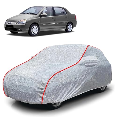 Image of Sulfar 100% Waterproof Car Body Cover Compatible with Mirror for Tata Indigo XL (Triple Stitched, Full Bottom Elastic, Magic Silver with Red Piping)