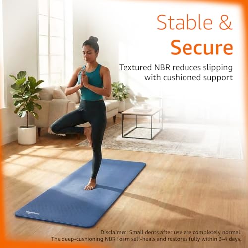 Image of Amazon Basics NBR Yoga & Exercise Mat with Carrying Strap | 15 mm Extra Thick Cushioned Support | Non-Slip Textured Surface | Durable & Comfortable Foam Rubber Material | Floor Protection | Ideal for Yoga, Pilates & Home Workouts | 183 x 61 cm | Blue