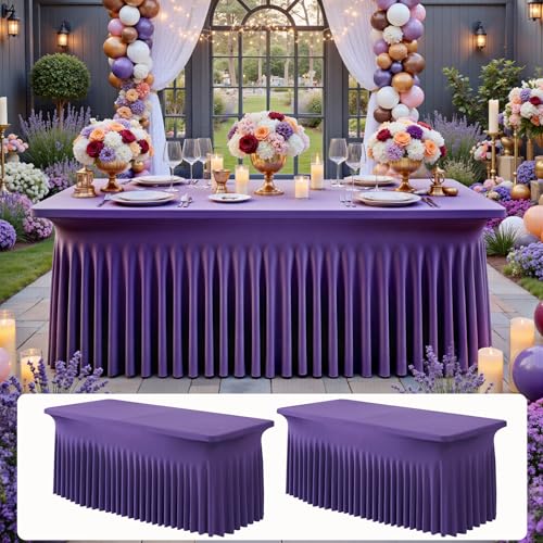Image of NSSONBEN 2 pk Purple Spandex Tablecloth for 6 Foot Rectangle Tables,Wrinkle Free Fitted Spandex Table Covers 6ft Stretch Table Cloths with Ruffle Skirt for Parties Weddings Banquet Baby Shower