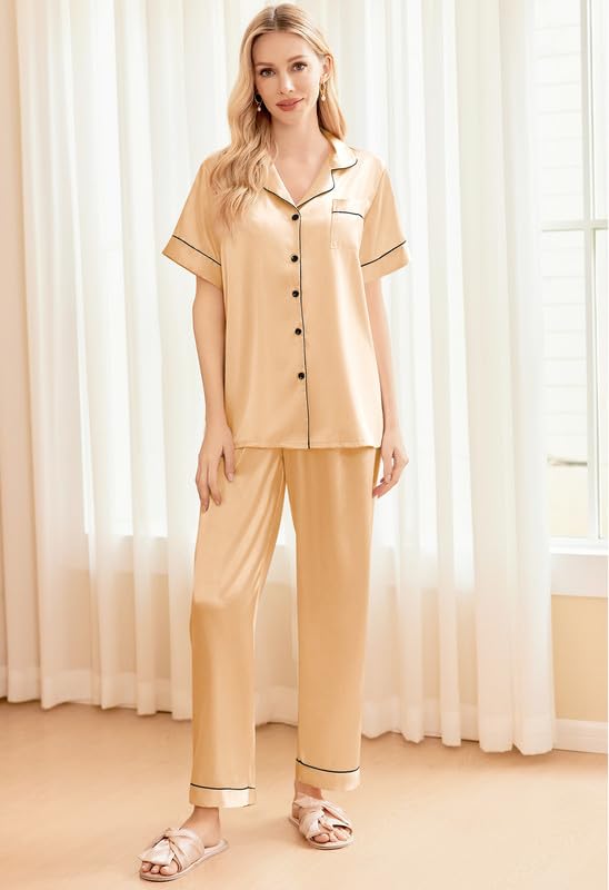 Image of Ekouaer Silk Pajamas for Women Set Satin Soft Short Sleeve Button Down Pjs | 3 Piece Loungewear,Comfy Sleepwear,Silky Smooth Fabric,Gift for wedding,Bridal Party,Coffee Time,Vacation