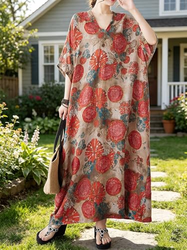 Image of Plus Size Summer Dress Printed V Neck Casual Loose Long Dresses with Pockets