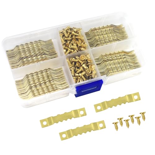 Image of 100 Pack Small Metal Sawtooth Picture Hangers with 200 Screws for Hanging Decor Wooden Photo Frames, Clock, Paintings Art Crafts Works and DIY Projects (Gold)