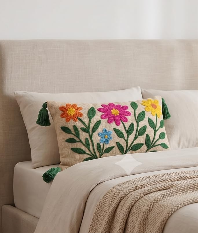 Image of Furnistitchs Boho Rectangle Cushion Cover 12x20 inches | Handmade Decorative Throw Pillow Case | Bohemian Home Decor Sofa Bed Cushion Cover Living Room Bedroom (2, Multi Daisy, 12x20 inches)