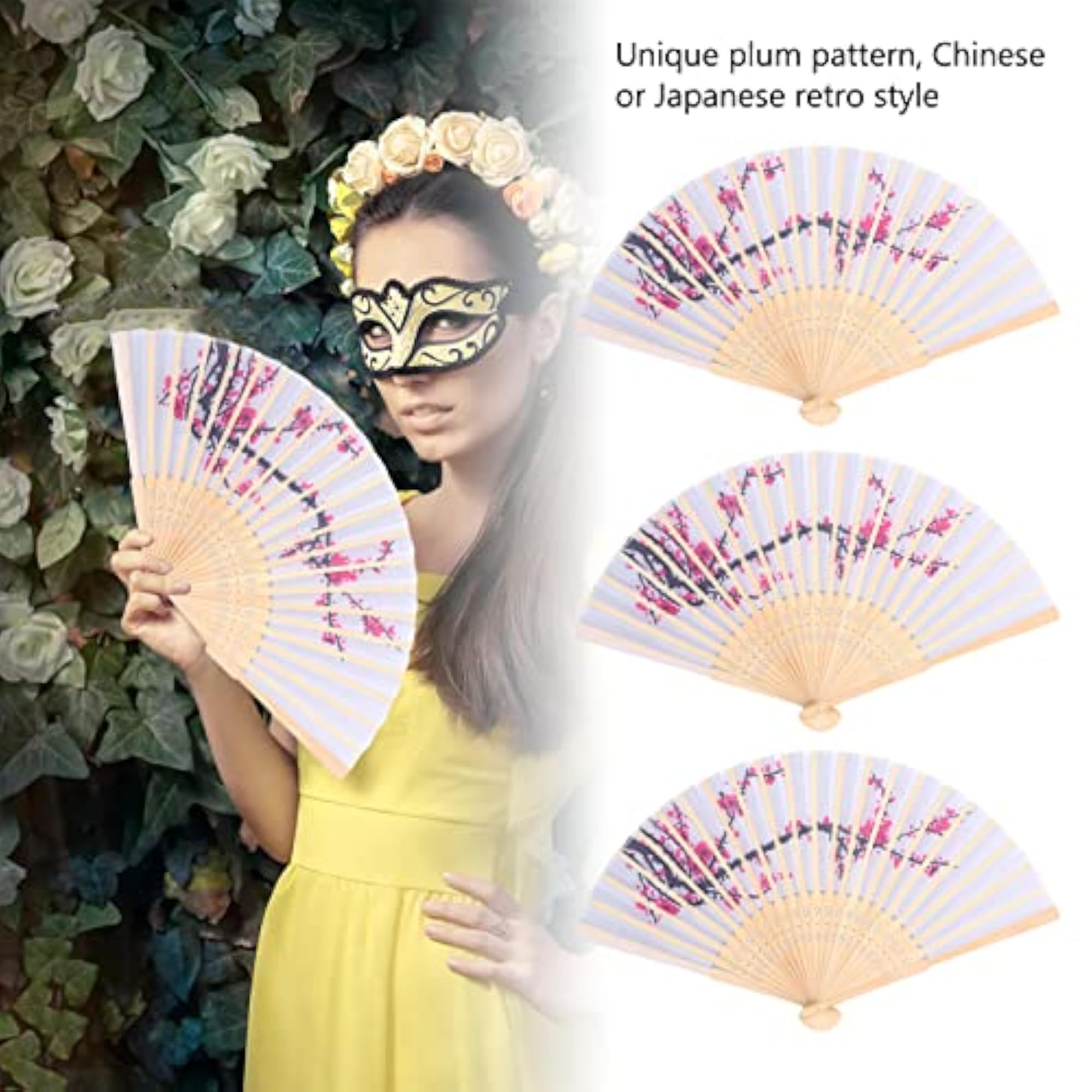 Elegant Plum Flower Pattern Folding Fan, Compact