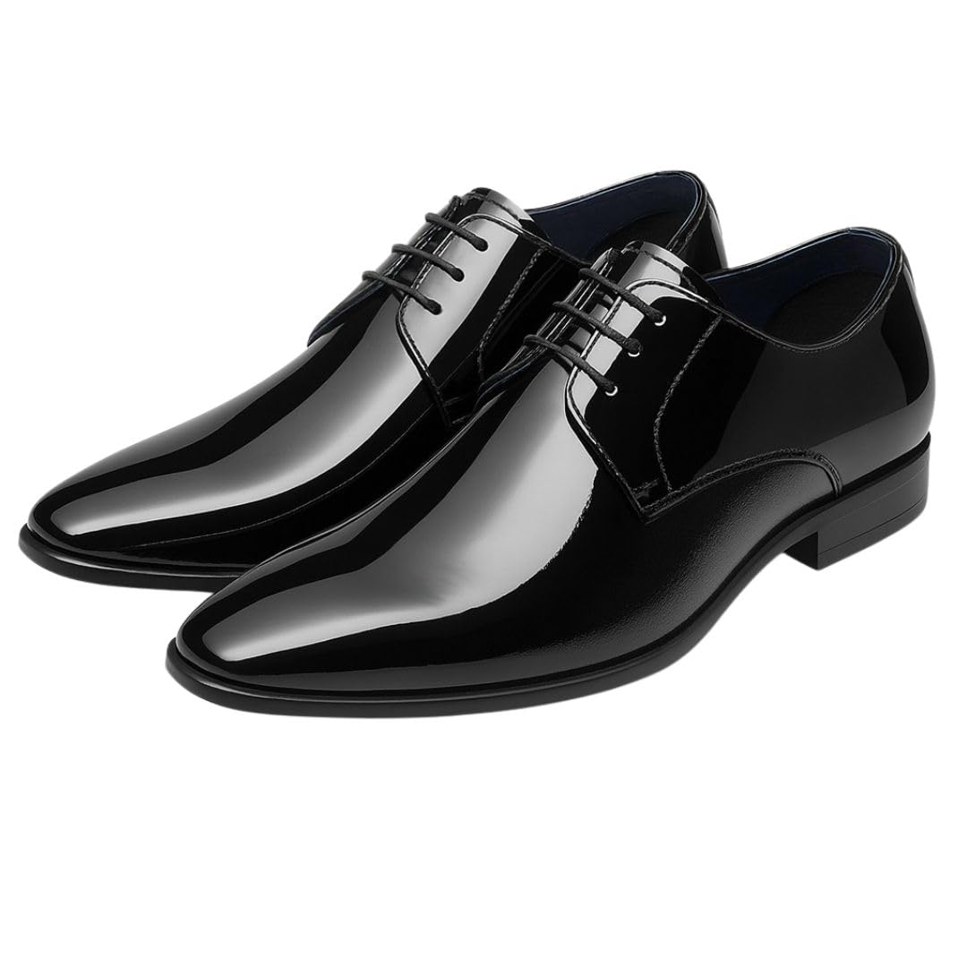 Men's Patent Leather Lace Up Pointed Toe Derby Shoes for Wedding Party & Formal Occasion-image-3
