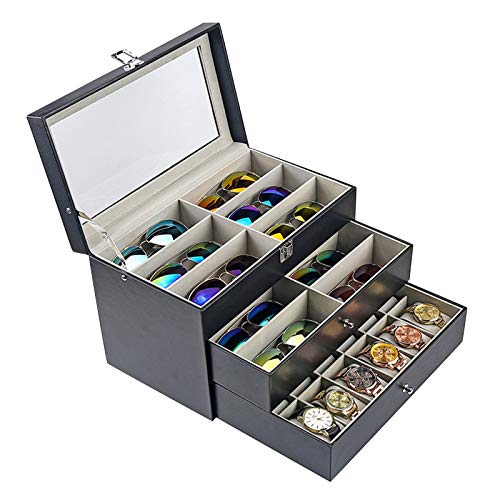 Organisateur de lunettes 3 couches 24 compartiments pour bijoux Boîte de rangement en cuir PU Boîte de rangement pour montre en verre Sunglasses Series Storage Organisateur de fixation Cover