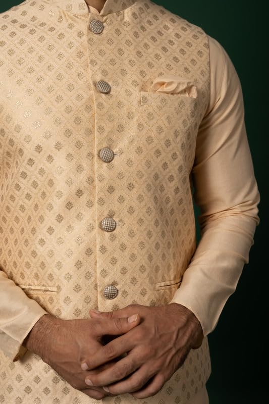 Image of KISAH Men Printed Kurta Jacket Set, Full Sleaves, Knee Length, Straight, Regular Fit, Mandarin Collar Ethnic Wear