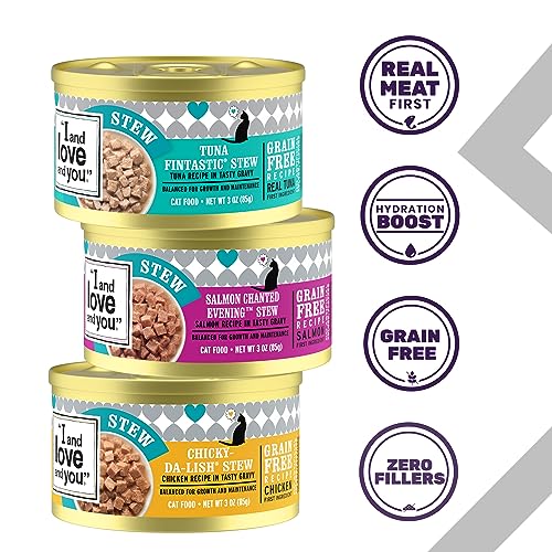 Image of I AND LOVE AND YOU Wet Cat Food - Ninja Cat Jiu JIT Stew Variety Pack - Chicken, Salmon, Tuna, Grain Free, Filler Free, 3oz (Pack of 48)