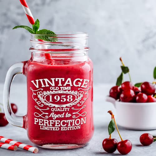 Cuptify 65Th Birthday Gift For Women And Men Vintage 65 Years Old Time 1958 Etched Mason Jar Glass 16 Oz Drinking Glasses With Handle #TOP3