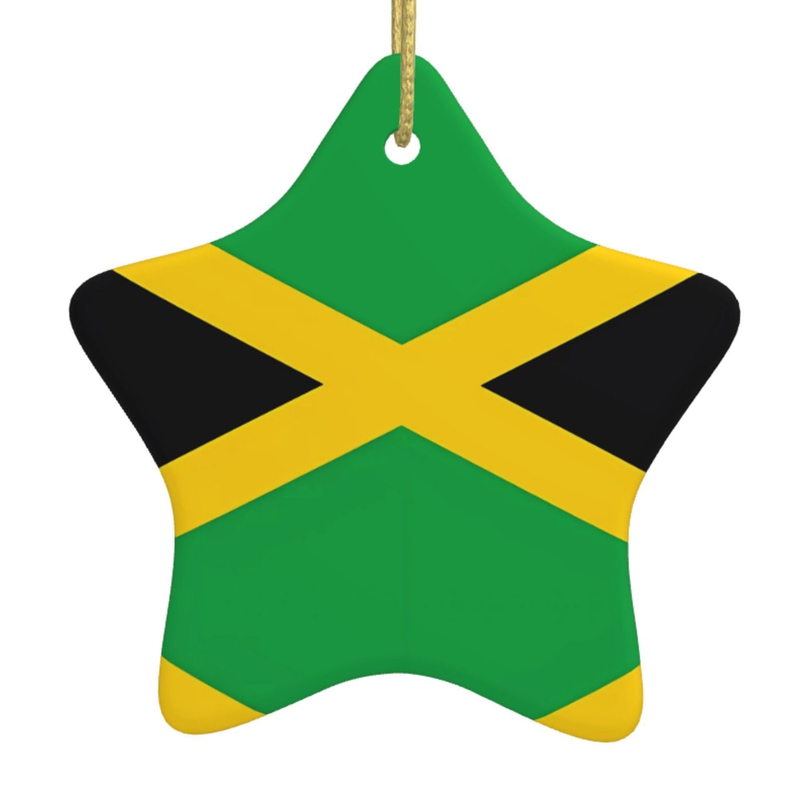 Jamaica Flag Christmas Ceramic Star Pendant with Punched Holes and Gold Wire Rope, Christmas Tree Home Decoration