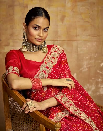 Image of SIRIL Women's Bandhani Printed Georgette Sequence Lace Scalloped Border Saree with Unstitched Blouse Piece
