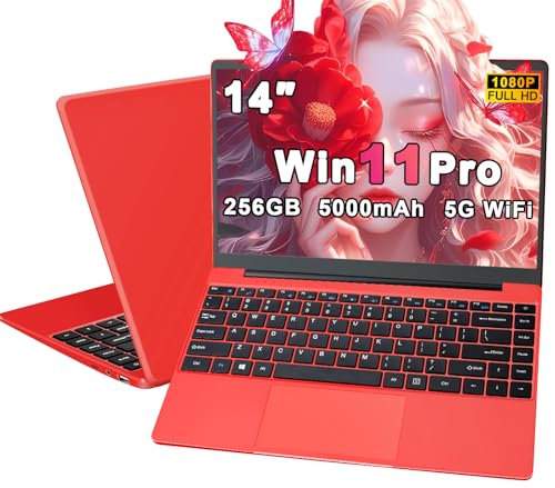 Ordenador Portatil Celeron N4020 Up to 2.8Ghz, Ordenadores Portatiles 14 Pulgadas Win 11 con 5G WiFi 6+256GB SSD Expansión 1TB, BT 4.2 1920*1080 FHD Mini Puerto Multimedia Portatiles Buenos-Rojo