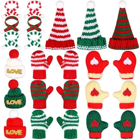 Easywiny 24 Pcs Mini Christmas Knit Hat Scarf Gloves Set Christmas Knit Decor Miniature Santa Hat Scarves Accessories Mini Christmas Lollipop Hat Candy Hat Christmas Party Supplies Cover