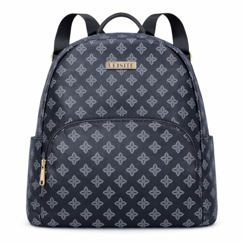Mochila Feminina Urbana Grande para Notebook 15.6 Polegadas em Couro Sintético Impermeável com Estampa Monograma Ideal para Faculdade Dia a Dia (Preta)