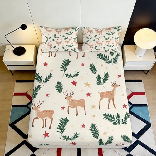 Drap-Housse 3D Imprimé Cerf de Noël Microfibre Grande Profondeur Linge Lit Cerf Mattress Fitted Cover Antidérapant Lavable Single(90x190cm)