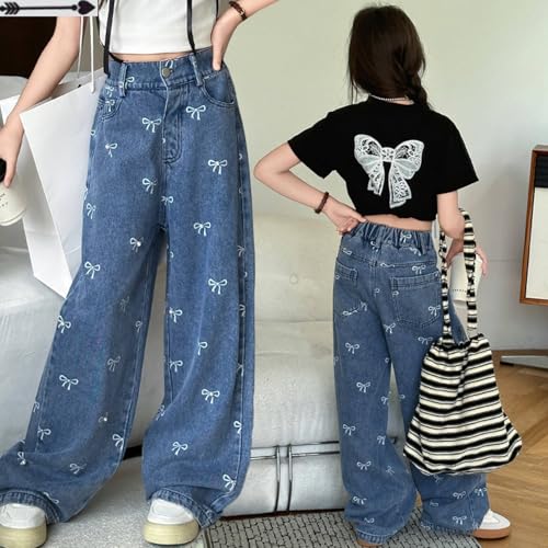 Panegy Jeans Vintage Per Adolescenti Ragazze Relaxed Fit Straight Leg Baggy Boyfriend Jeans Causul Elastic Waist Jeans 3-13 Anni, Verde, 12-13 Anni