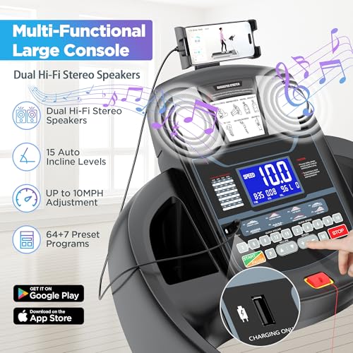 Image of Foldable Treadmill w / 15% Auto Incline, 5HP Portable Treadmill for Home, 300lbs Capacity, 10MPH Speed, 64 Programs, APP & HiFi Bluetooth Speakers, Exercise Machine for Running & Walking