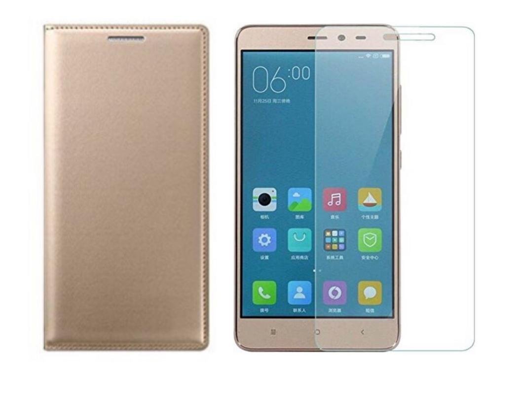 HITFIT Combo Offer (Gold Leather FLIP Cover + 1 Tempered Glass for Redmi 5