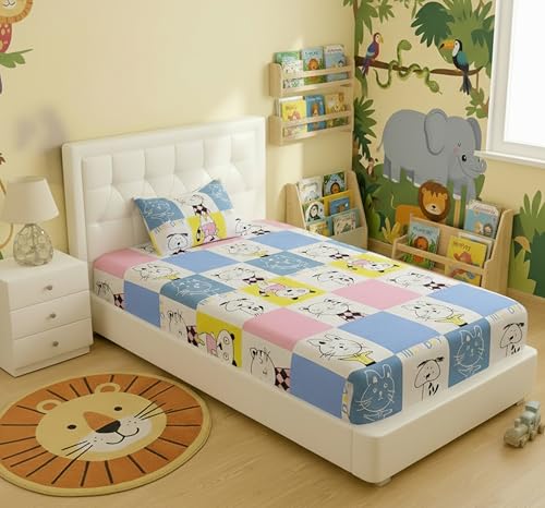 Image of Filymore Cat Single Bedsheet for Girls Kid Bedsheet for Small Size Bed 240 TC Microfiber Soft Cartoon Bedcover for Kids Room 90x60 Inches Yellow and Blue