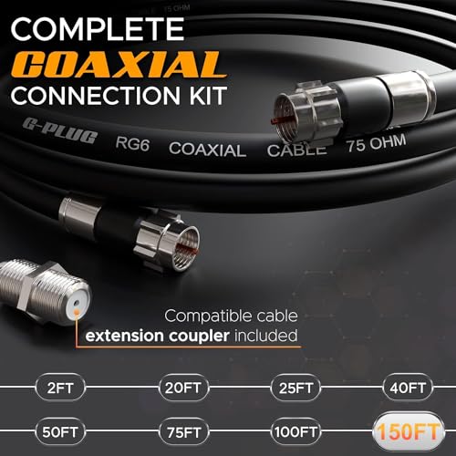 Image of G-PLUG 150FT RG6 Coaxial Cable Connectors Set- High-Speed Internet, Broadband and Digital TV Aerial, Satellite Sky Cable Extension- Weather-Sealed Double Rubber O-Ring and Compression Connectors Black