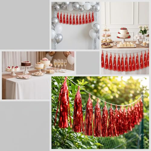 Image of 4P Red Foil Fringe Metallic Tassel Streamers Banner Tassel Garland for Parade Floats, Bachelorette, Wedding, Birthday, Halloween, Christmas, Bridal /Baby Shower Party Decorations