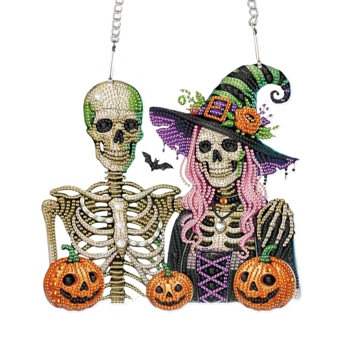 Image of AiYuanzsh Large Diamond Art Painting Pendant 5D Diamond Art Hanging Kit Halloween Skull Pumpkin DIY Crystal Window Door Pendant for Adults Gift Wall Home Halloween Decoration (24.1x23.1 cm)